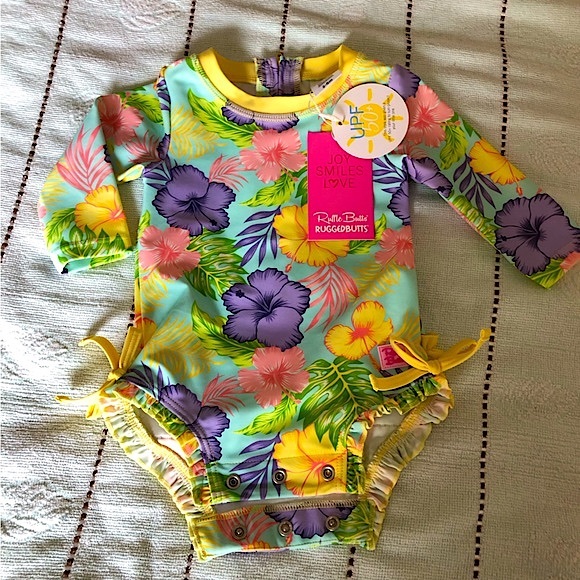 RuffleButts Baby Girls Long Sleeve One Piece Swimsuit w/ UPF 50+ Sun Protection - Picture 4 of 11